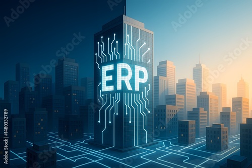 A cityscape overlaid with a glowing “erp” circuit tower symbolizes integrated enterprise systems. Concept of smart city management and digital transformation.