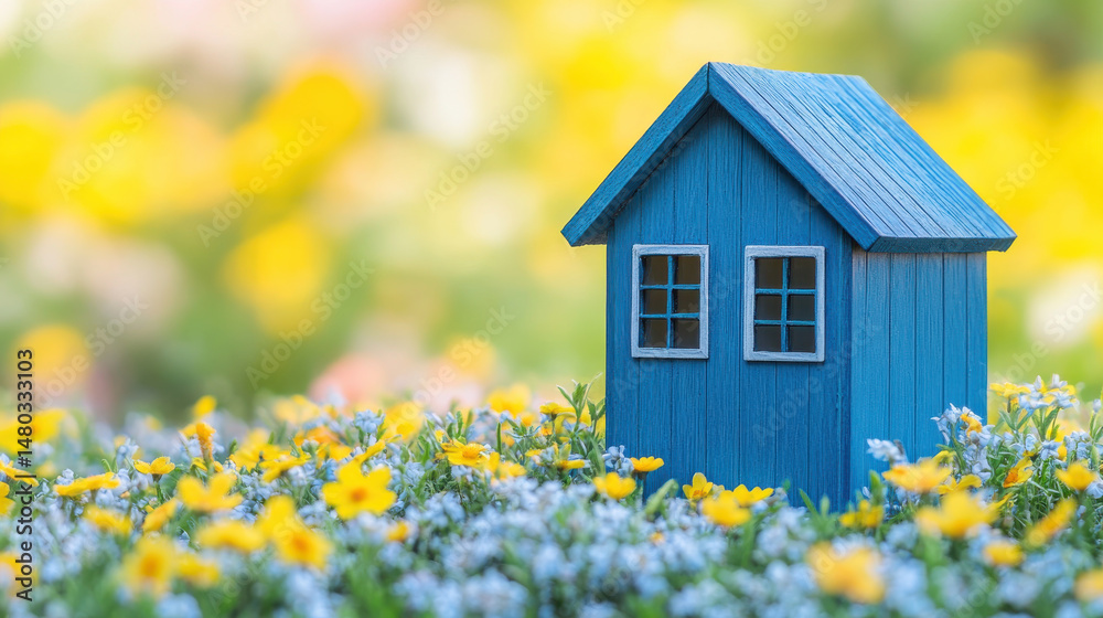 Obraz premium Small blue house model surrounded by vibrant flowers in garden setting creates cheerful and inviting atmosphere
