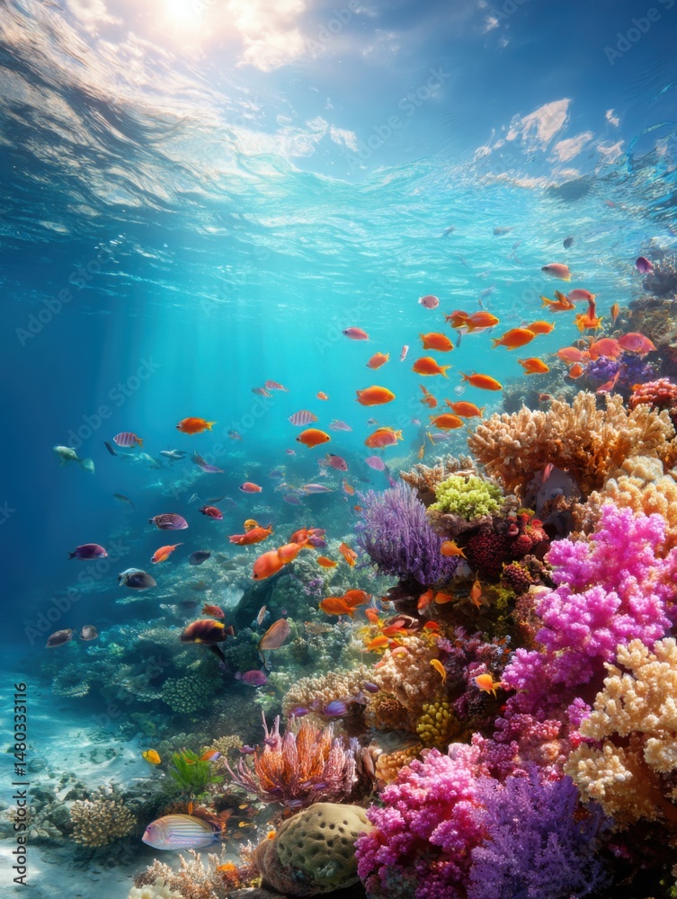 Fototapeta premium Underwater scene of coral reef with colorful fish swimming in clear blue water sun rays shining through surface