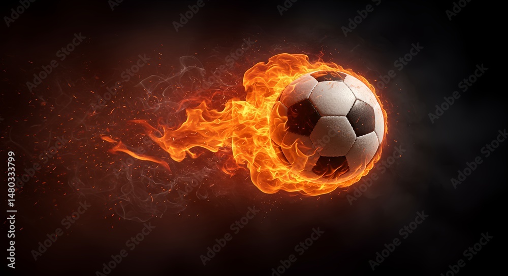 Naklejka premium Burning Soccer Ball - Fiery Intensity & Flying Sparks in Dramatic AI-Generated Sports Art