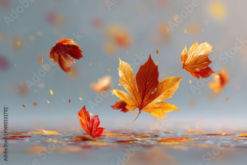Autumn Leaves Falling in Slow Motion Studio Shot with Water Reflection and Bokeh Background Seasonal Concept