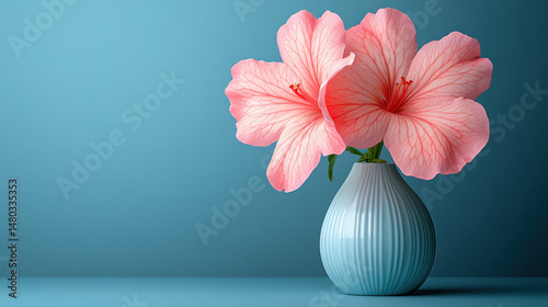 Beautiful arrangement of pink hibiscus flowers in light blue vase against soft blue background, creating serene and elegant atmosphere