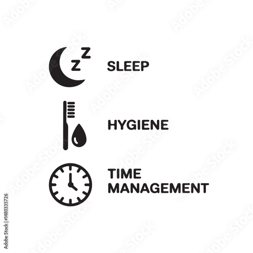Daily Routine Icon Set Vector – Black Silhouettes for Sleep, Hygiene, and Time Management