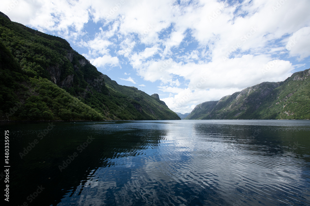 Obraz premium Calm Norwegian fjord under partly cloudy sky and green mountains