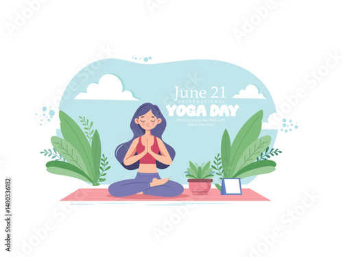  illustration of a woman meditating peacefully outdoors, celebrating International Yoga Day on June 21.