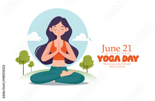  illustration of a woman meditating peacefully outdoors, celebrating International Yoga Day on June 21.