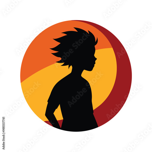Silhouette of a young person inside a circle with an orange and red gradient background
