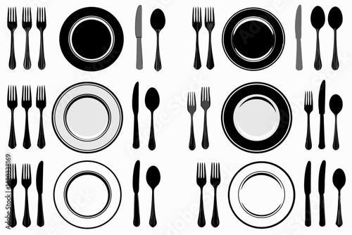 Fork, knife, spoon and plate set icons	