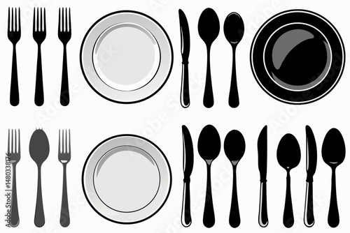 Fork, knife, spoon and plate set icons	
