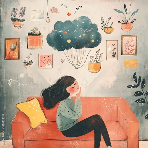 Daydreaming on the Couch: A woman sits on a red couch, her eyes closed as she daydreams, a whimsical cloud with twinkling stars above her head.