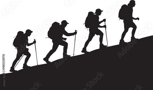Silhouetted Hikers Ascending a Mountain Slope Adventure and Determination