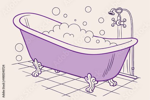 30 clawfoot bathtub, purple tub, ornate slipper tub, steam and bubbles, vintage bathroom, watercolor style, ethereal lighting, soft, atmospheric, detailed