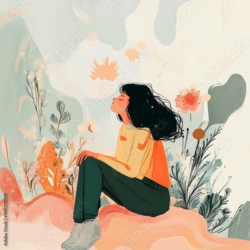 Serene Contemplation: A serene figure immersed in peaceful contemplation, seated amidst a whimsical garden. The artwork captures a moment of introspective quiet.