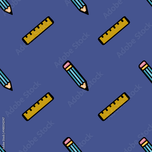 A playful vector seamless pattern featuring diagonally arranged pencils and rulers in a vibrant, hand-drawn style against a deep blue background, ideal for school-themed projects or stationery desi...