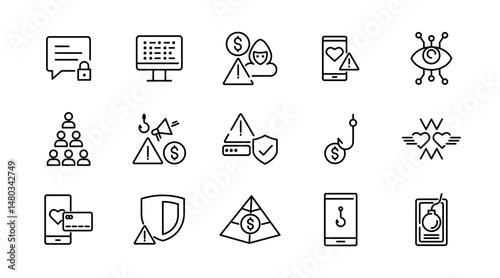 Fraud and scams line icon set. Cyber crime, web, virus, fraud, malware bug, scams, criminal, phone, server, folder, file, phishing, and cyber security outline vector icon. UI thin outline icon pack