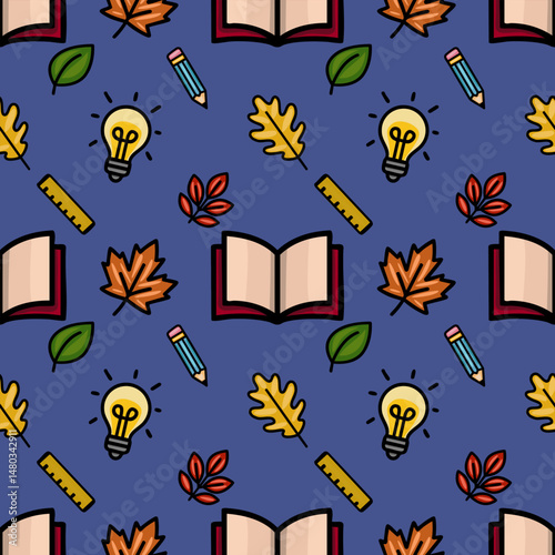 This vector seamless pattern features a playful autumnal design with open books, pencils, lightbulbs, and colorful leaves on a deep blue background, perfect for educational projects or fall-themed.