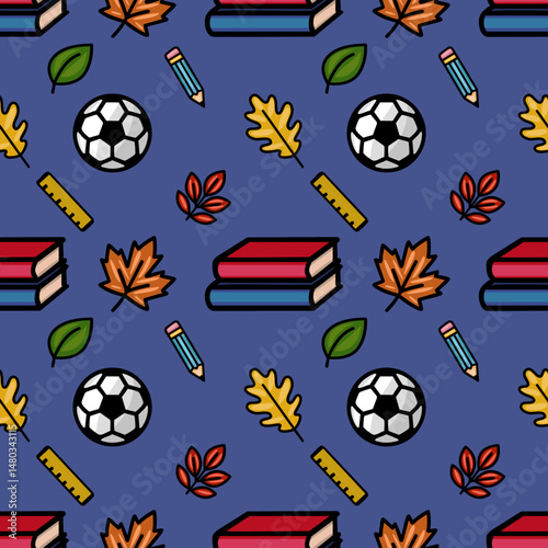 A vibrant vector seamless pattern featuring a playful mix of school supplies, autumn leaves, and a soccer ball, set against a deep blue backdrop, ideal for back-to-school designs.