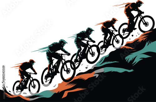 Mountain Biker Silhouettes Downhill Cycling Vector