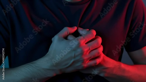 Person Clutching Chest in Pain, Symbolizing Heart Attack with Red and Blue Lighting