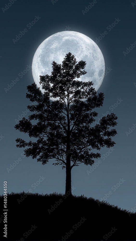 Naklejka premium Tree silhouette with full moon