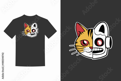 Black tshirt with a half cat half robot design.