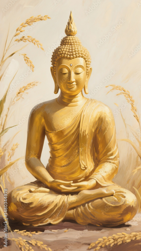 Fototapeta premium A serene oil painting background of the Buddha, radiating timeless peace and spiritual calm.
