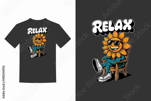 It shows a tshirt design with a sunflower wearing sunglasses sitting in a chair.