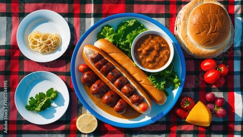 Wallpaper Mural Delicious hot dogs served with fresh lettuce, tomatoes, and baked beans on a picnic table Torontodigital.ca