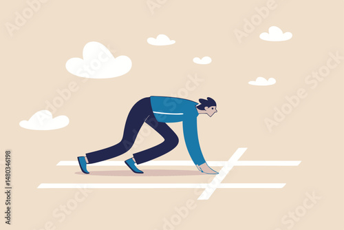 Ready to start business, begin new job or preparation for work, focus and willingness concept, confidence motivated businessman be prepared at start race line and ready to win the competition.