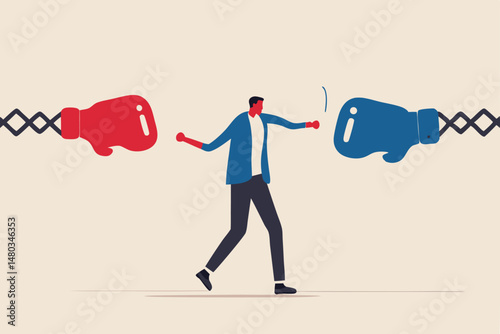 Conflict management, leadership skill to compromise and solving argument problem, negotiation or stop fighting concept, businessman leader stand in the middle to stop conflicted boxing globe fighting.