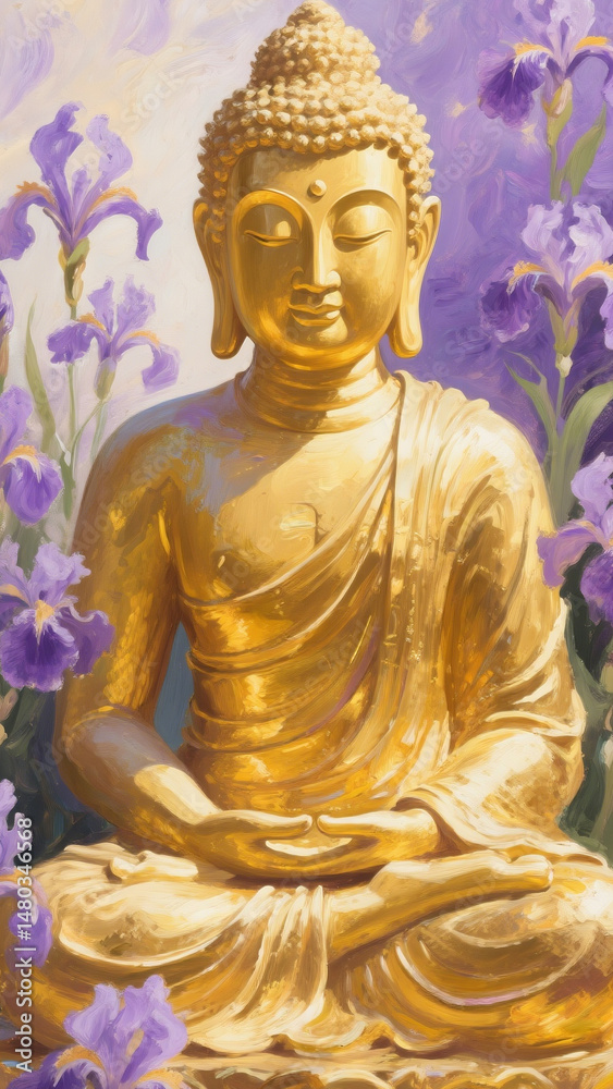 Fototapeta premium A serene oil painting background of the Buddha, radiating timeless peace and spiritual calm.