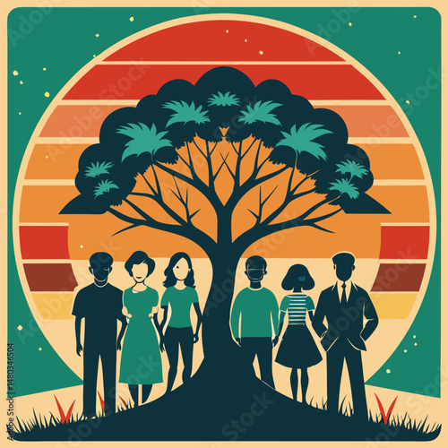 Illustration depicting unity community and growth with people under a tree in retro style