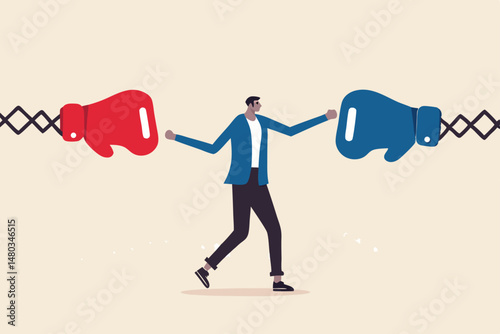 Conflict management, leadership skill to compromise and solving argument problem, negotiation or stop fighting concept, businessman leader stand in the middle to stop conflicted boxing globe fighting.