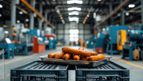 A tray of freshly prepared sausages placed on black crates in a spacious industrial workshop with machinery and equipment in the background