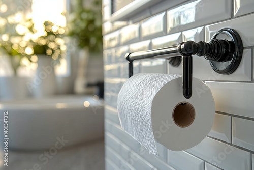 A close-up perspective captures a fresh roll of tissue positioned neatly on a stylish metallic holder, the design detail of a modern bathroom setting. The scene is softened by a gentle natural light.