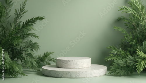 Product podium with leaves and green plants background