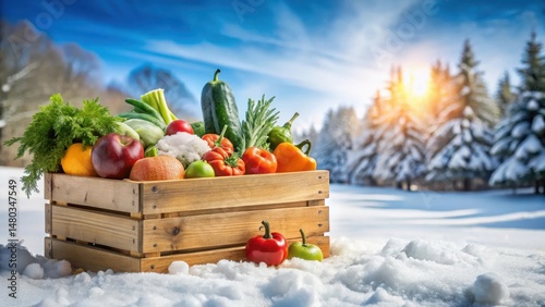 A snowy landscape with a crate of fresh winter produce , frozen fruits, winter vegetables,  frozen fruits