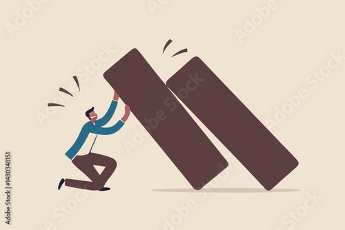 Business resilience, flexibility working to survive and stand back in economic crisis, endurance and adaptability in business to success concept, confident strong businessman push back falling dominos