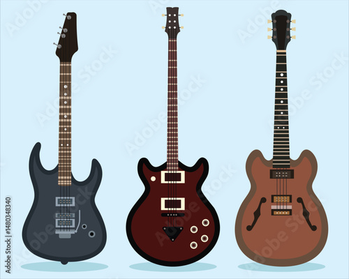 Guitar set. Acoustic & electric guitars on white background. Vector monochrome illustration. Musical Instruments.