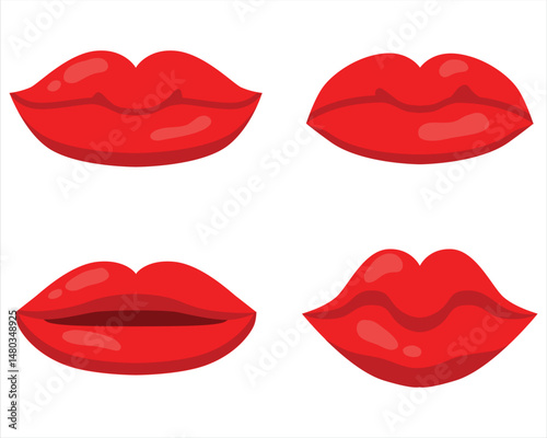 Lips patches collection. Vector illustration of sexy doodle woman's lips expressing different emotions, such as smile, kiss, half-open mouth, biting lip, lip licking, tongue out. Isolated on white.