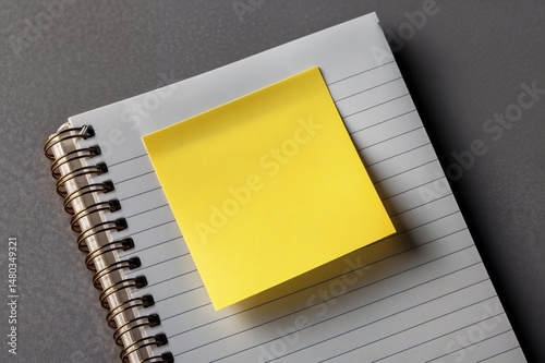 Cuaderno espiral con una nota adhesiva amarilla encima, sobre una superficie gris. photo