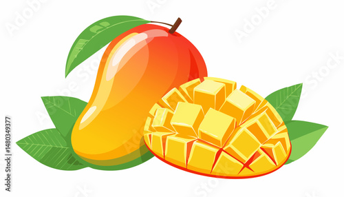 Simple and elegant flat-style mango artwork featuring sliced cubes and leaves on a white backdrop, perfect for menus, packaging