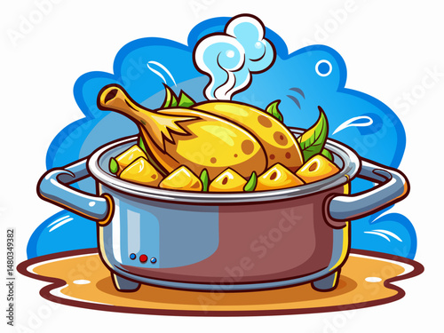 A boiled chicken in a traditional metal pot with steam rising. White background, homestyle cooking concept