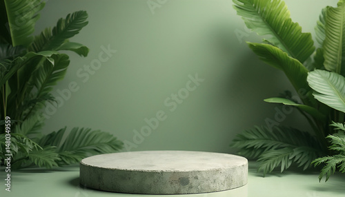 Product podium with leaves and green plants background