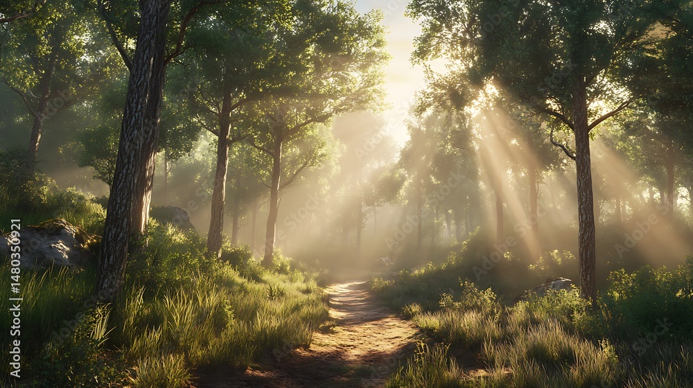 Fototapeta premium Sun-Kissed Forest Path: A mystical forest scene with sunlight streaming through the towering trees, illuminating a serene path that beckons exploration.