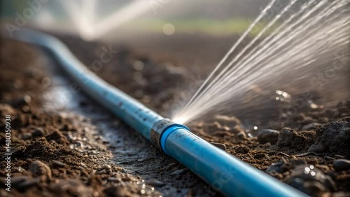 World environment habitat restoration concept. A blue irrigation pipe leaks water onto soil, causing a spray, highlighting water wastage and maintenance issues in agriculture.