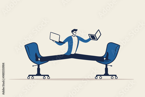 Flexible work, let employee manage their working time to finish project concept, smart relax businessman working with laptop computer stretching his leg between chairs balance like yoga.