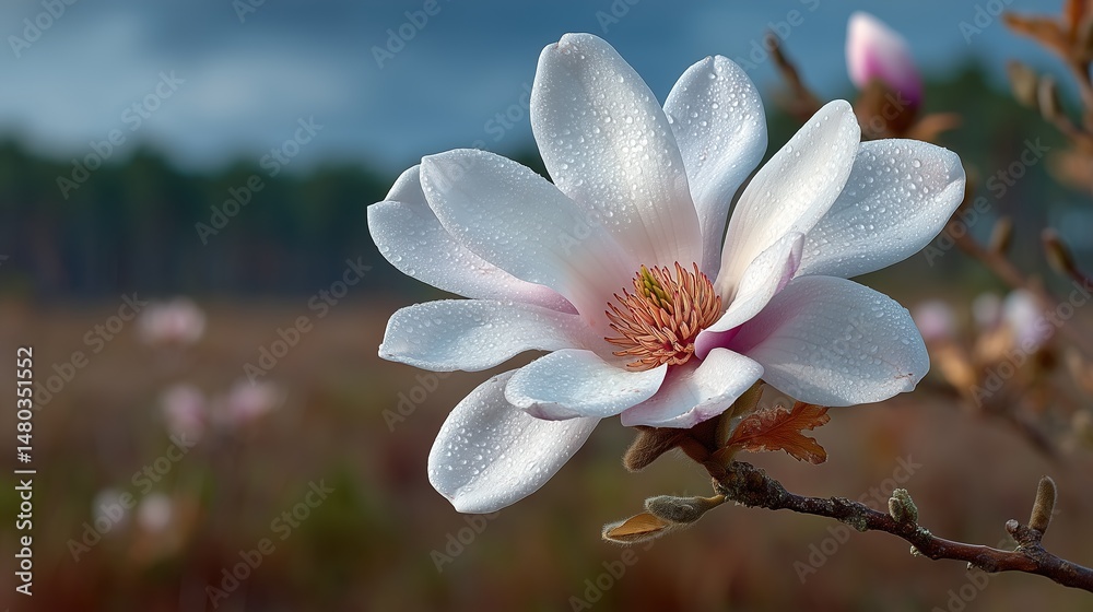 Fototapeta premium Botanical Magnolia Illustration with Creamy Petals and Orange Stamens Featuring Growth Cycle on Bokeh Nature Backdrop