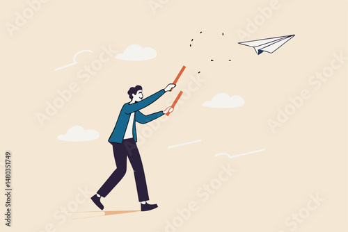 Business strategy or leadership to control working project to success and achieve target concept, smart confident businessman leader using air traffic control light to launch origami paper airplane.