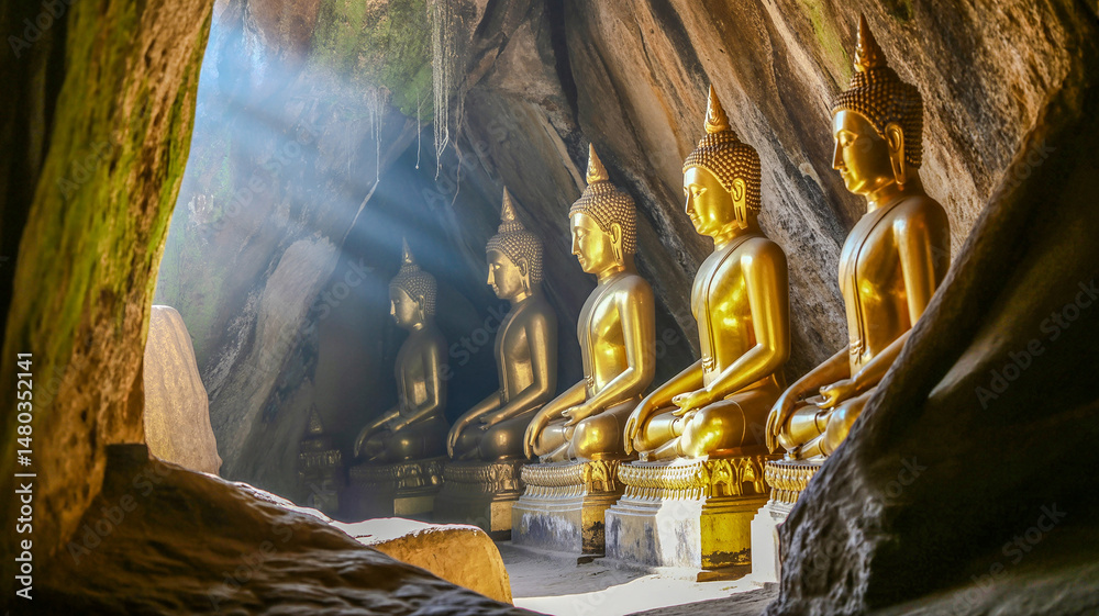 Obraz premium Golden gautama statues inside a cave synagogue